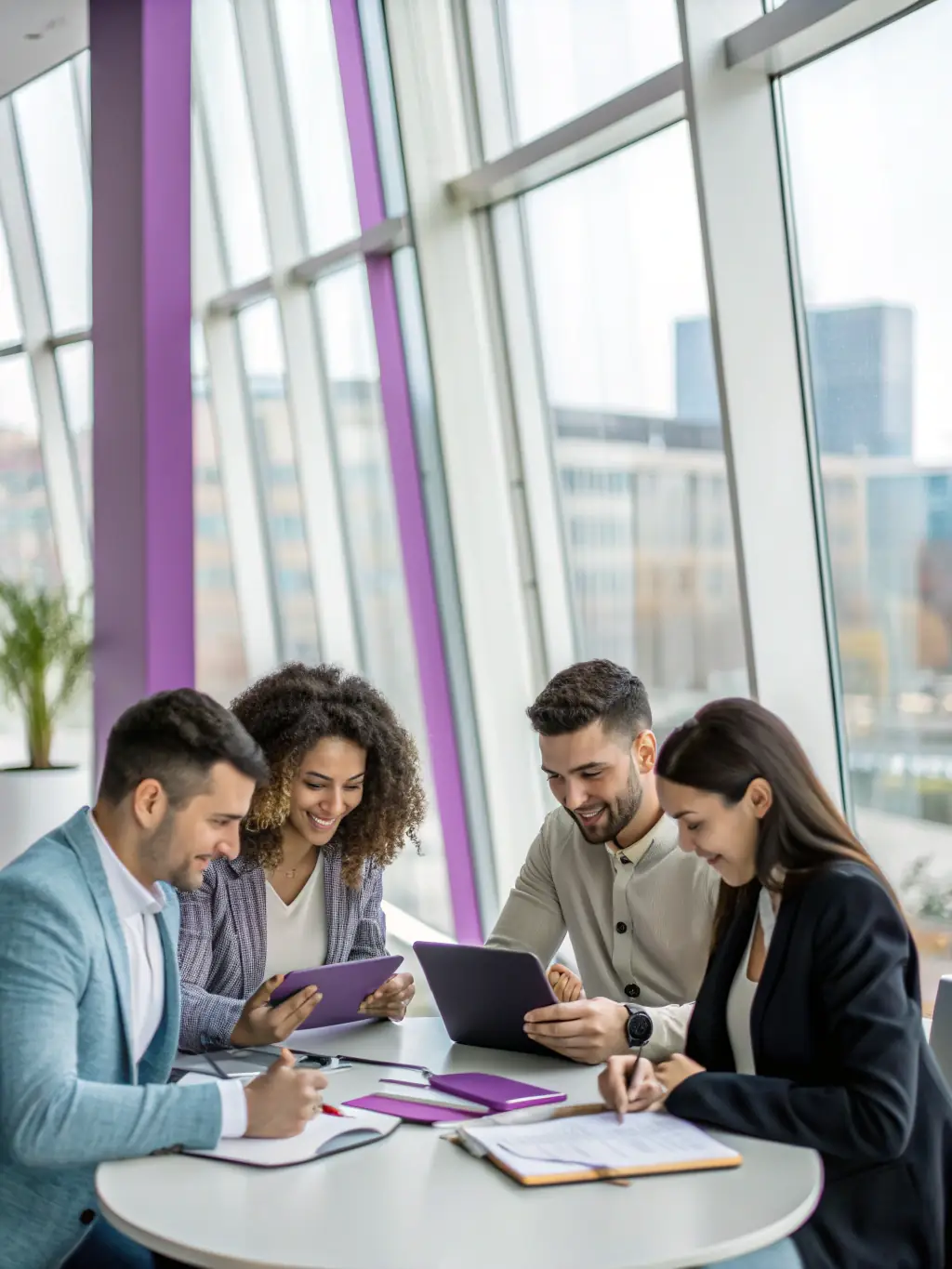 A professional photo of a modern office space with a team collaborating on digital marketing strategies, reflecting Integrator.kz's dynamic approach.