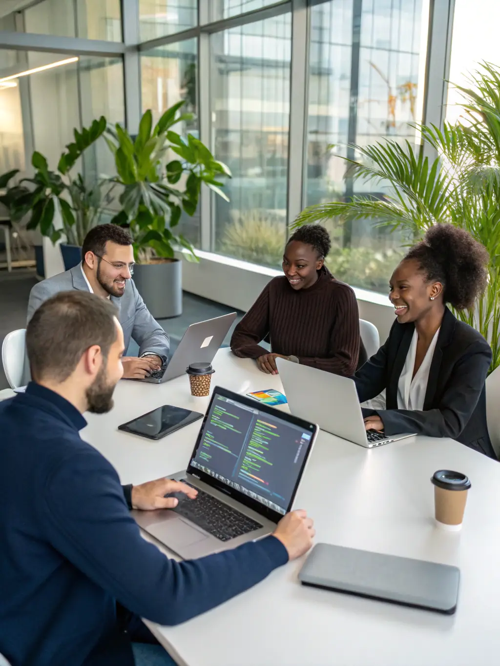 An image showcasing a diverse team working on various digital devices, symbolizing Integrator.kz's comprehensive service offerings.