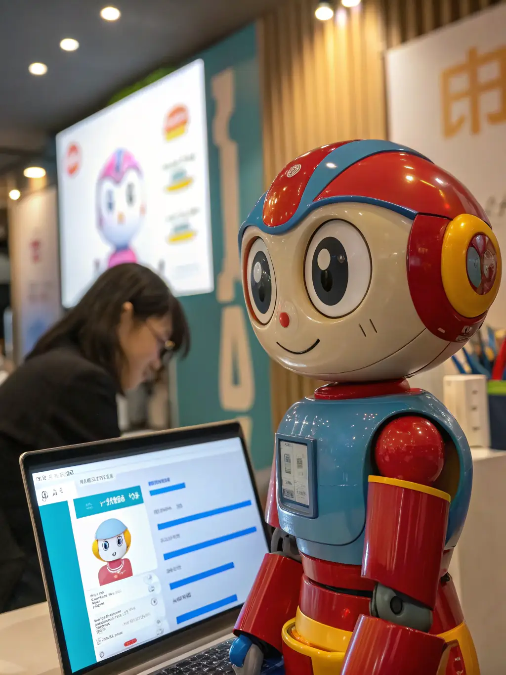 An illustration of a chatbot interacting with a customer on a website interface, showcasing the 24/7 customer support capabilities of Integrator.kz.